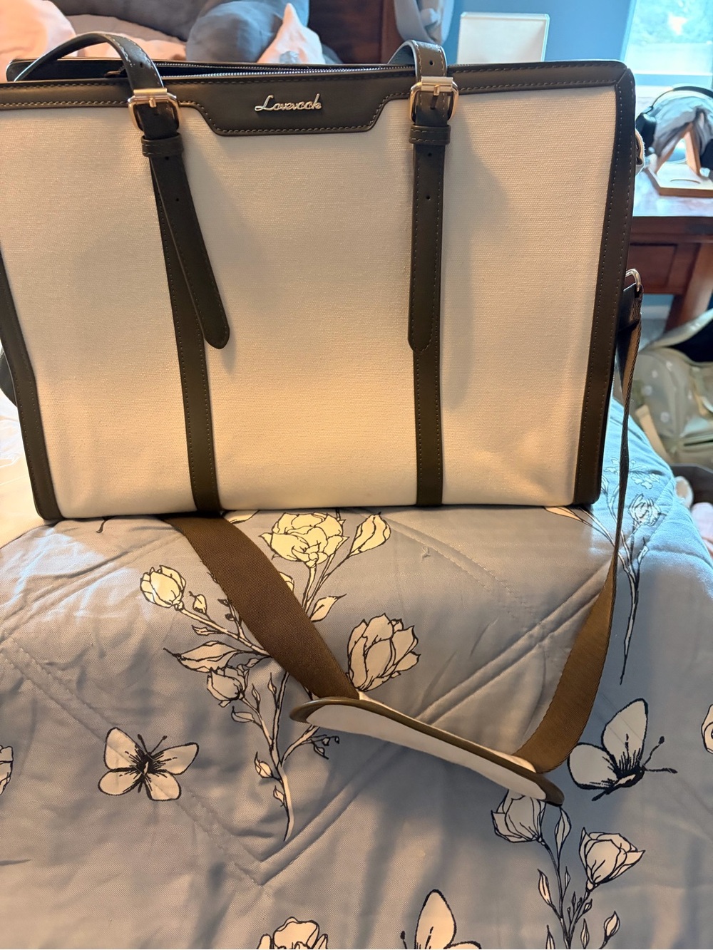 Lovevook Cream Canvas Tote with green and brown Trim and Adjustable Strap